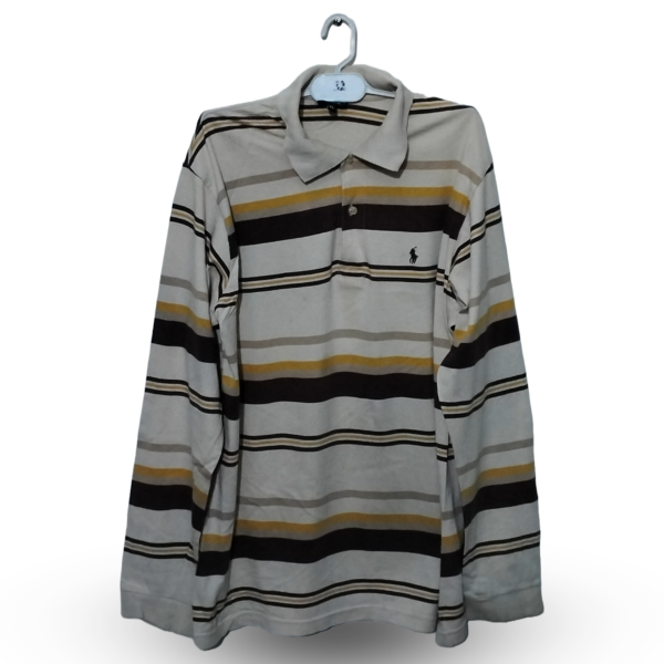Ralph Lauren Office White & Coffee Stripes Polo Full Sleeves | Jersey | Extra Large