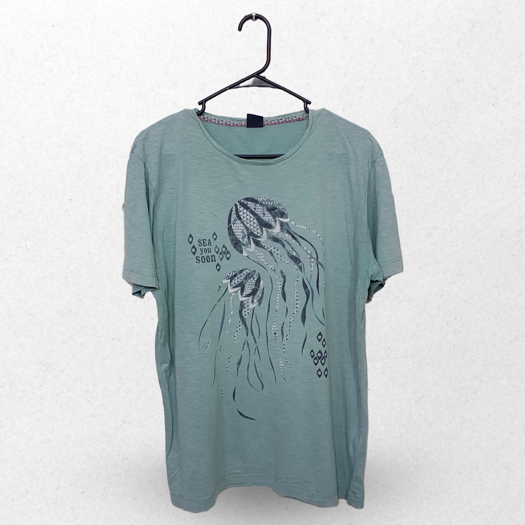 Berros Ocean Green Printed Half Sleeves T Shirt | Cotton Jersey | Large
