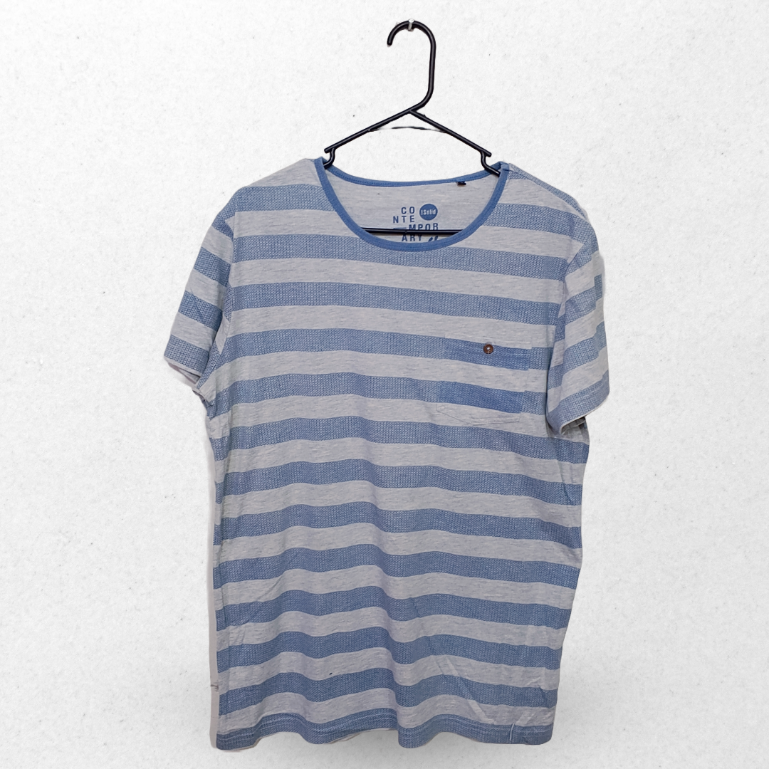 Solid Grey And Blue Dotted Stripes With Front Pocket Half Sleeves T Shirt | Cotton Jersey | Large