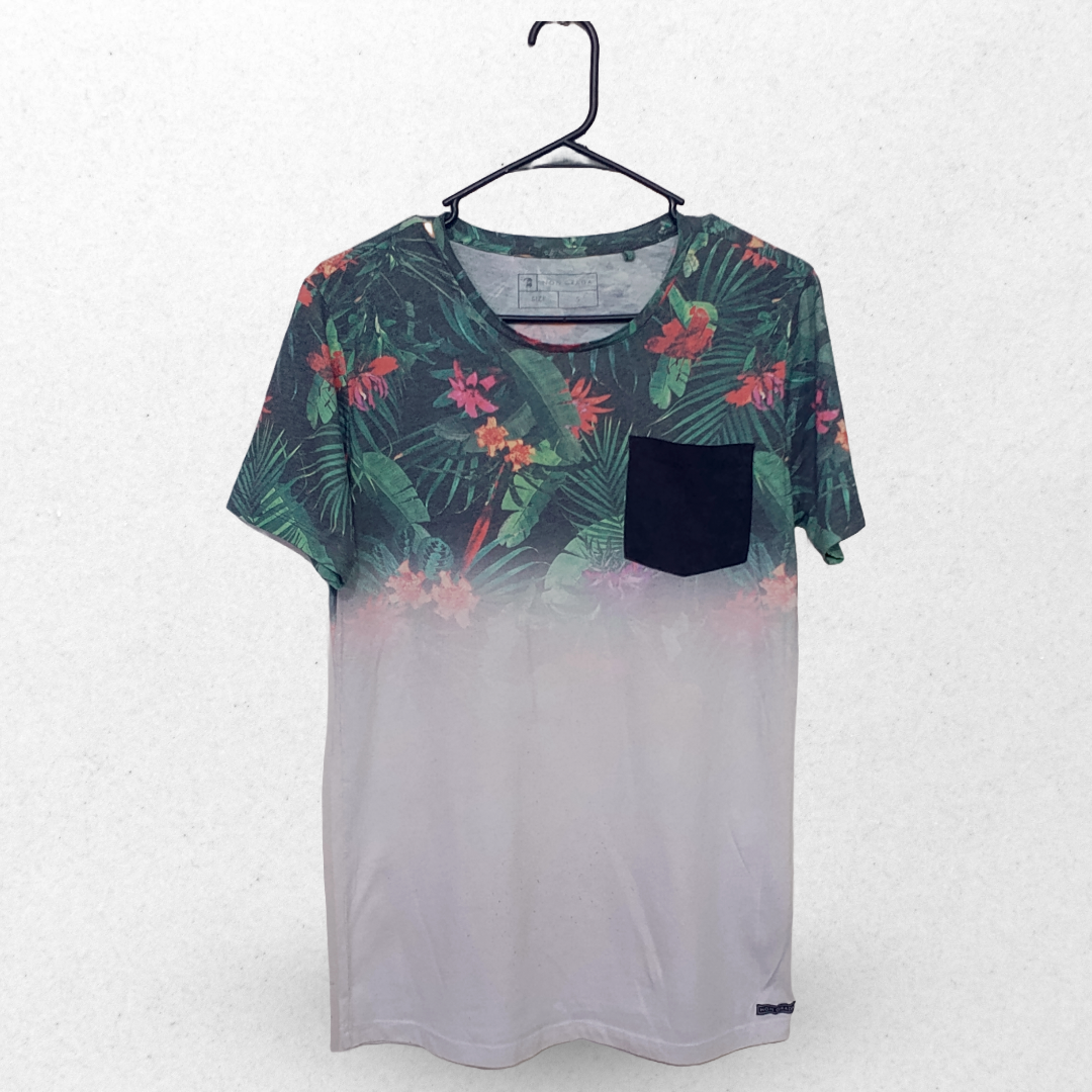 Non Grada White & Floral With Front Pocket Half Sleeves T Shirt | Cotton Jersey | Large