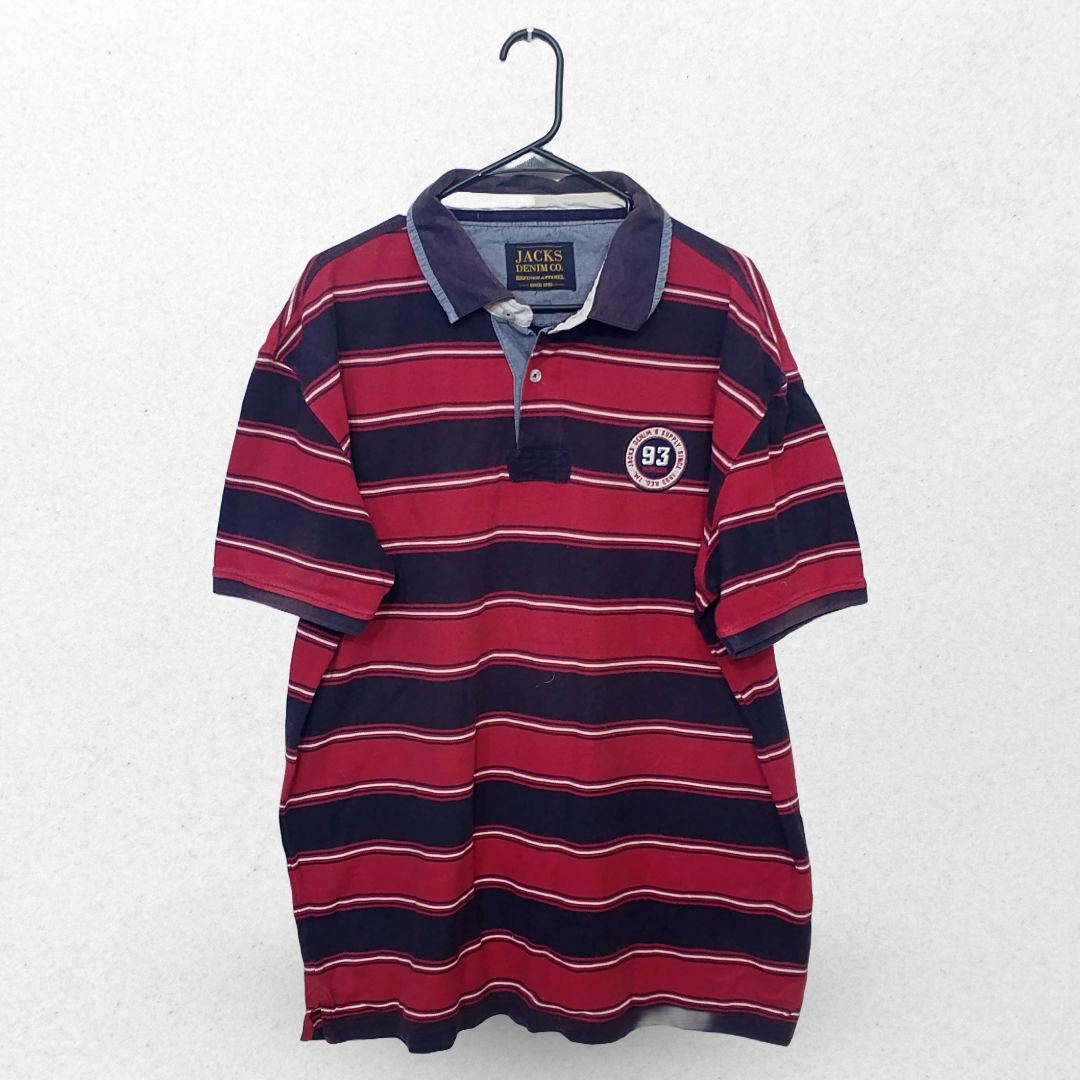 Jacks Denim Co. Red & Black Stripes Half Sleeves Polo T Shirt | Cotton Jersey | 2XL