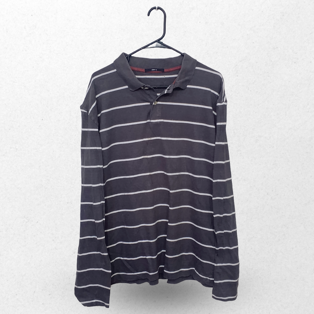 Hema Charcoal Grey & White Stripes Half Sleeves Polo T Shirt | Cotton Jersey | 2XL
