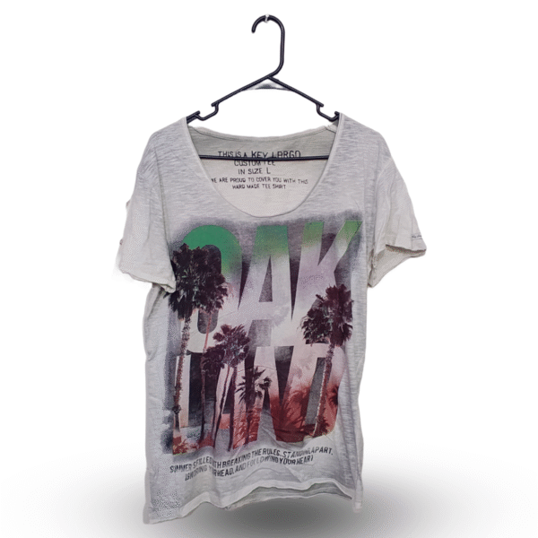 Oak Land Greyish White Printed Deep Neck Half Sleeves T - Shirt | Cotton Jersey | Large