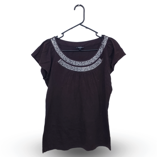 Zambu Brown Neck Embroidery kurti Style Half Sleeves Top| Cotton Jersey | Medium