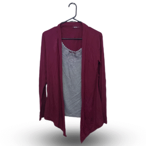 Janina Maroon & Gray Cardigan with Attached Inner Full Sleeves | Cotton Jersey | Large