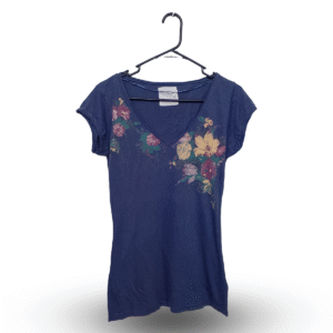 H&M Blue Flowers Printed Deep Neck Short Sleeves | Cotton Jersey | Medium