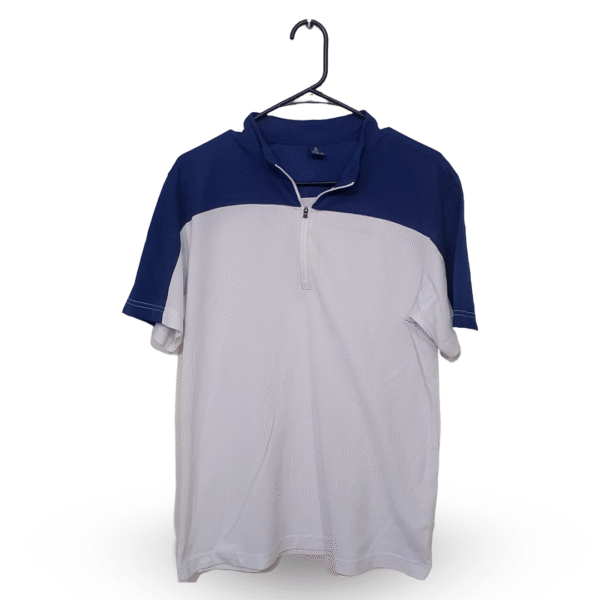 Mont Bell White & Blue With Zipper Neck Half Sleeves Polo Sports T Shirt | Sports Fabric | Large