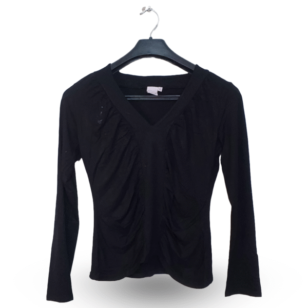 Influx Black Ruched Long Sleeves Knit Top | Cotton Jersey | Medium