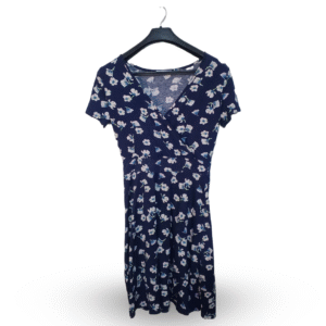 Lunda.Pk Basic Blue Floral Faux Wrap Short Sleeve Mini Dress | Cotton Jersey | Medium