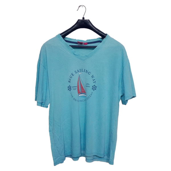 Blue Sailing Blue Printed Half Sleeves T Shirt | Cotton Jersey | Large