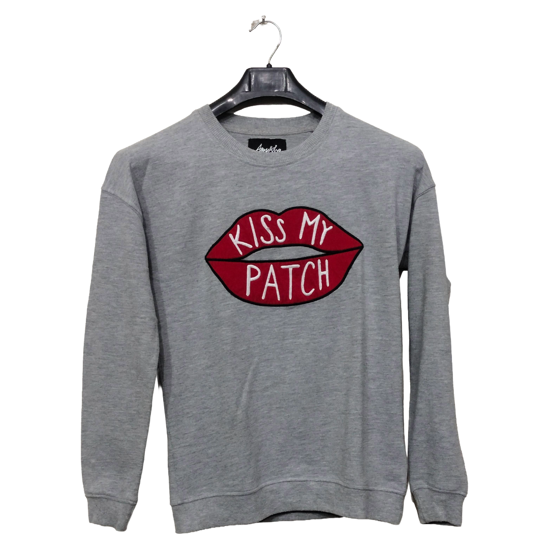 AmyKlug Light Grey Lips Printed Full Sleeves Sweatshirt | Cotton Jersey