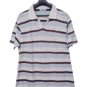 Armand Theory Brown Blue & White Stripes Plain Polo Half Sleeves T Shirt | Cotton Jersey