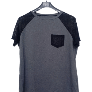 Lunda.Pk Grey With Black Netted Sleeves Front Pocket Ladies T Shirt | Cotton Jersey