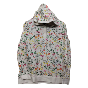 Land Ends Off White With Floral Printed Hoodie | Cotton Jersey