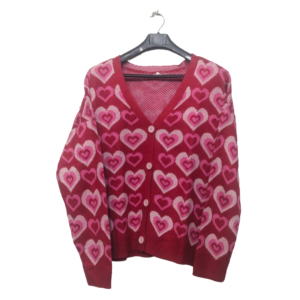 Maurices Red With Hearts Printed Front Button Open Sweater | Woolen Fabric| High Quality Premium | Short Length